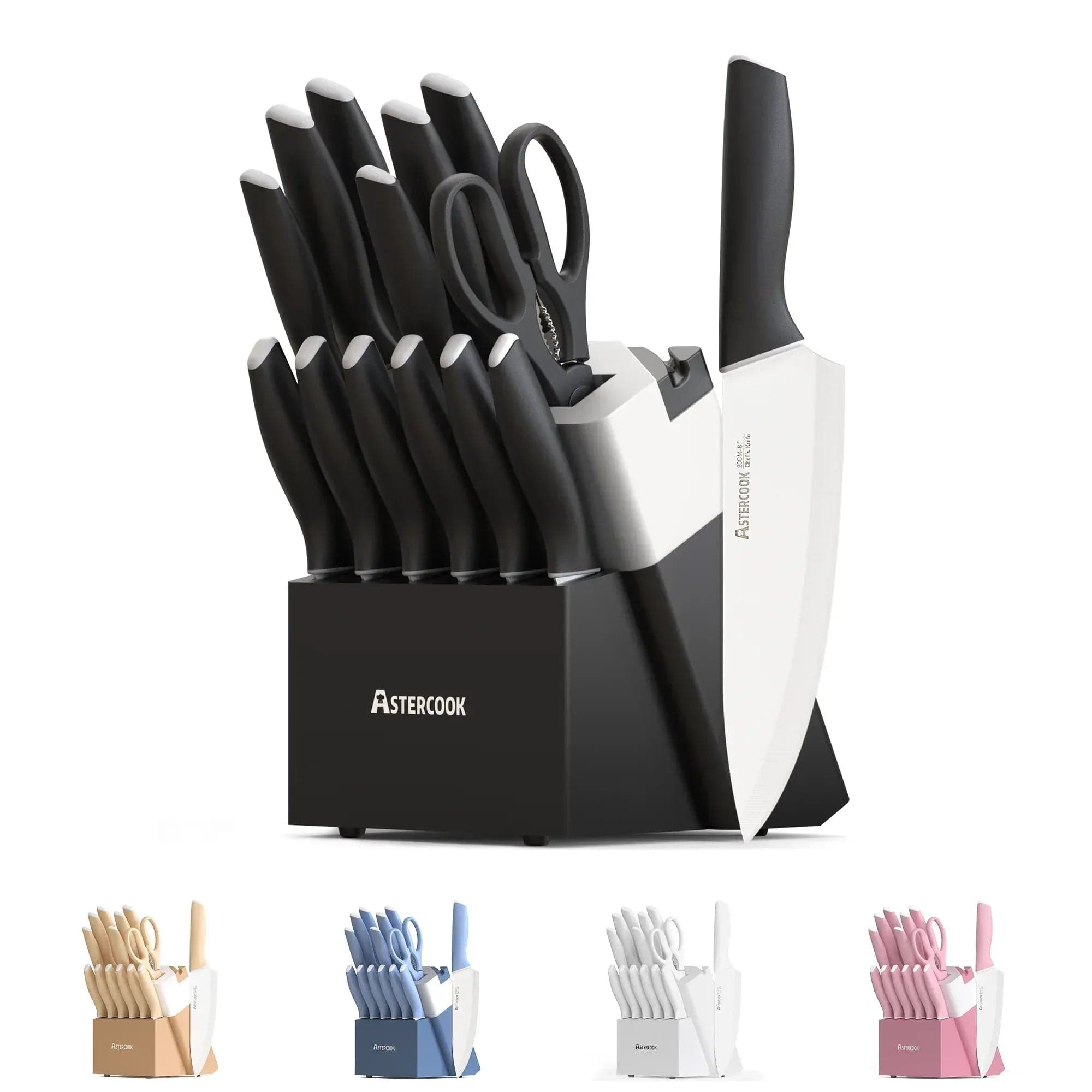 Astercook Knife Set, 14 Pieces Kitchen Knives Set with Anti-Rust Coating, Stainless Steel with Built-in Sharpener, Dishwasher Safe