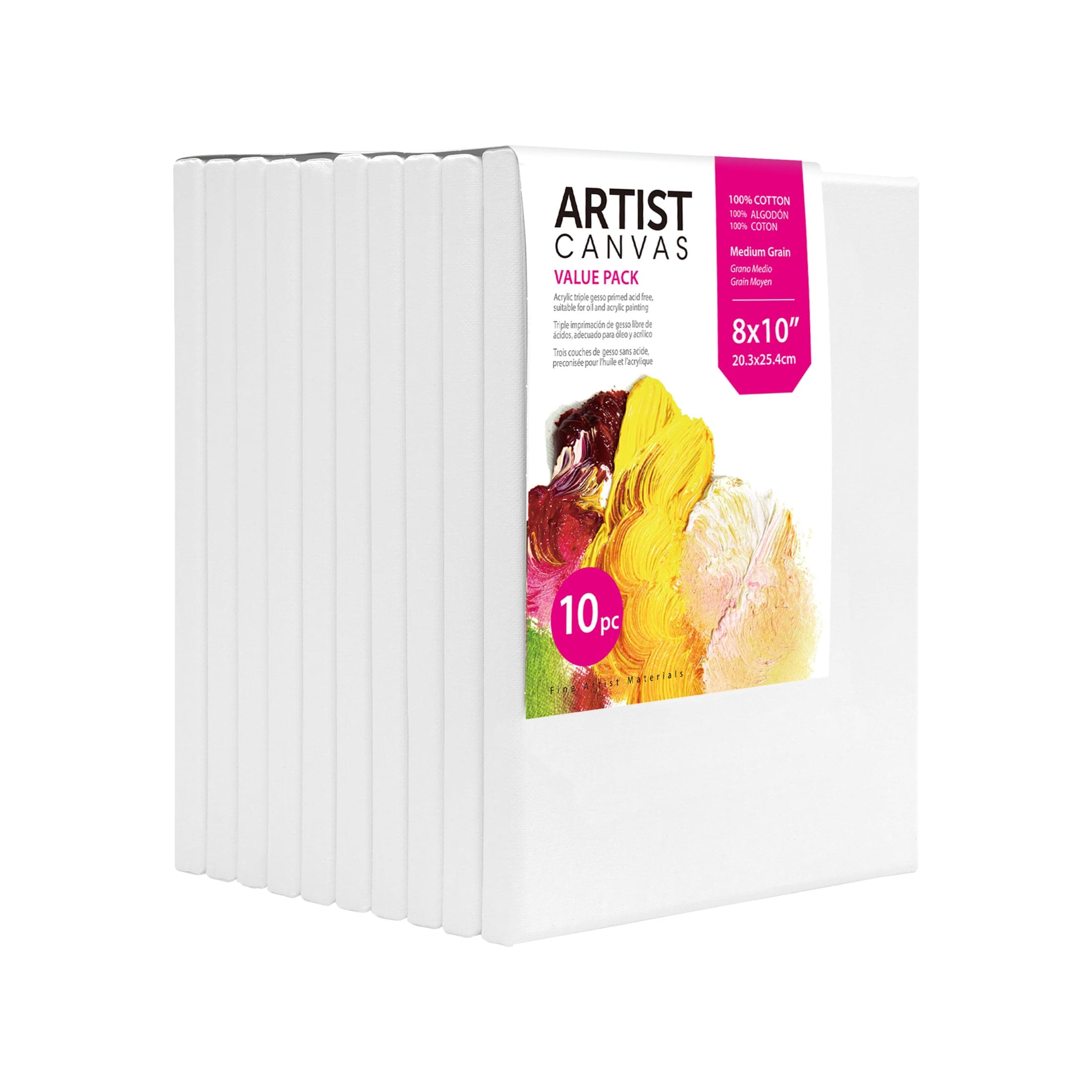 Studio Stretched Canvas, 8 x 10 in, 10 Pack, 100% Cotton Acid Free, White