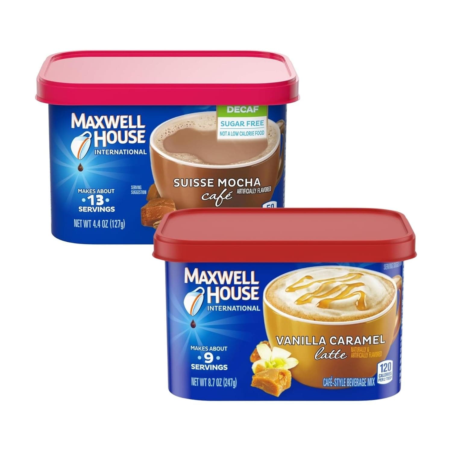 Maxwell House International Vanilla Caramel Latte 8.7 oz and Suisse Mocha Decaf Instant Coffee 4.4 oz (Variety Pack)
