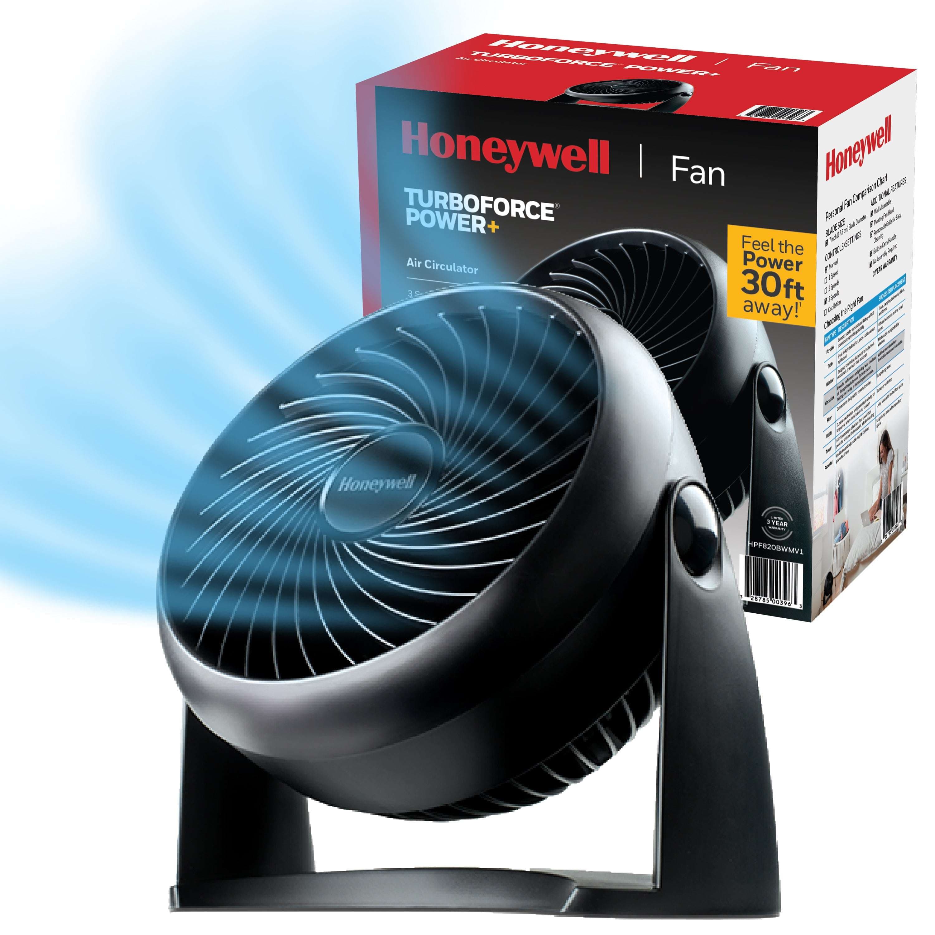 Honeywell 10" Black Turbo Force Power Table Fan, 30ft. Air Circulation Power, 3 Speed, 90 Degree Pivot, HPF820BWM