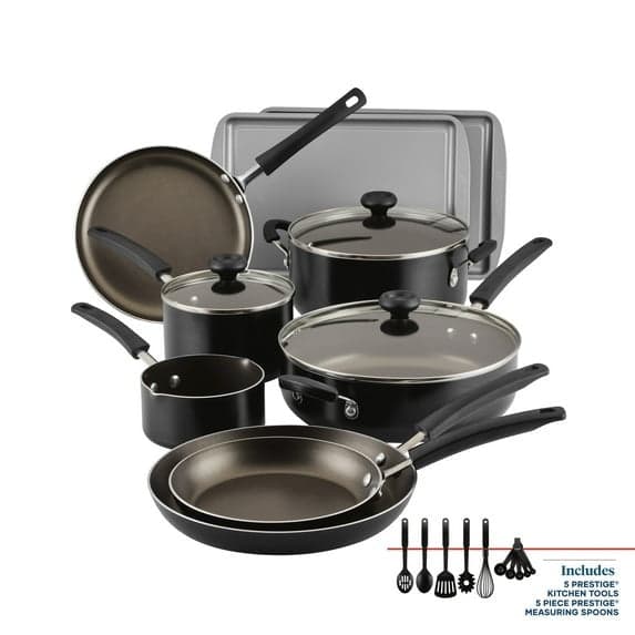 Farberware Easy Clean 22-Piece Nonstick Cookware Set with Griddle Pan and Cooking Tools, Dishwasher Safe, Black