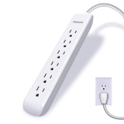 Philips Surge Protector Power Strip, 6ft Braided Extension Cord, 6 Outlet Extender, 1080 Joules, Flat Plug, White
