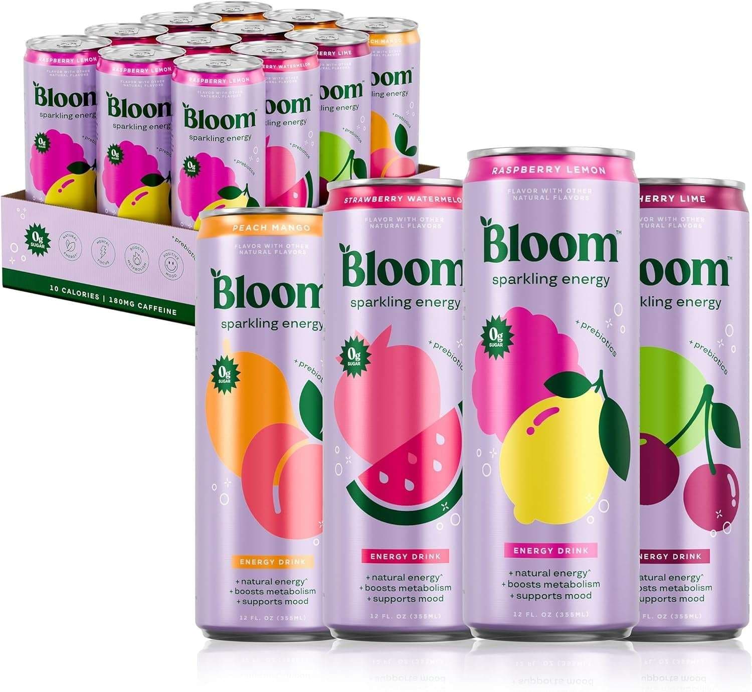 Bloom Nutrition Sparkling Energy Drink, Variety Pack, Zero Sugar, 180mg Caffeine, 12 oz, 12 Pack