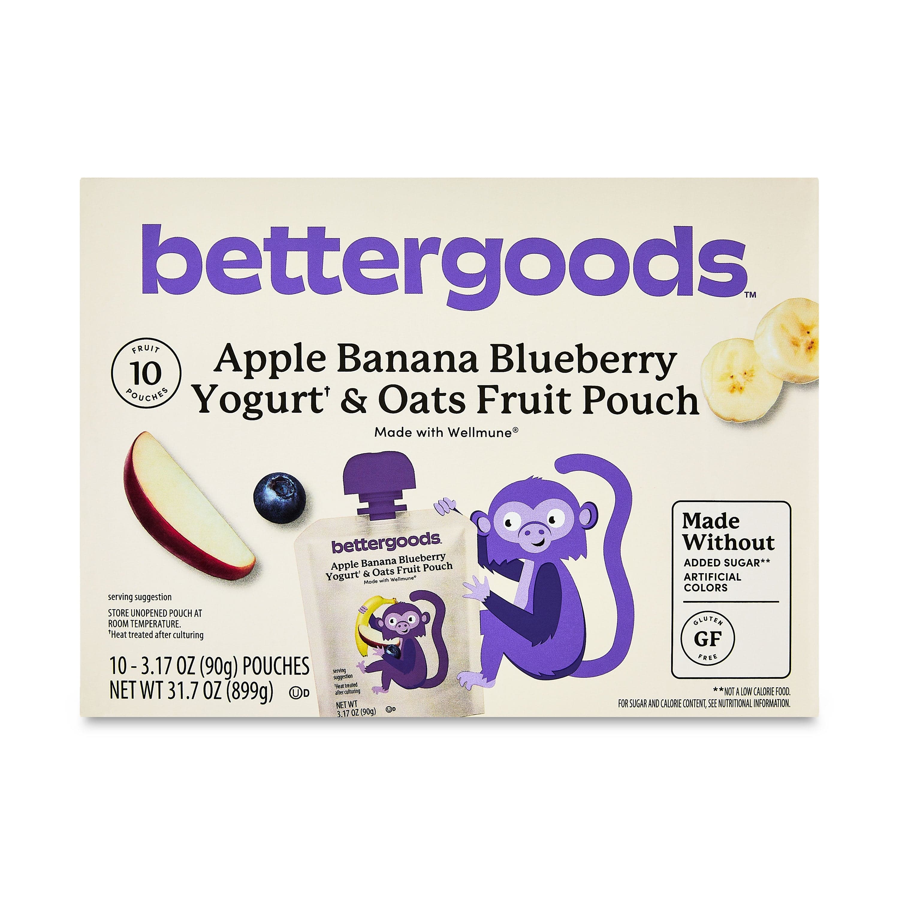 bettergoods Apple Banana Blueberry Yogurt & Oats Fruit Applesauce Pouches, 3.17 oz, 10 Count