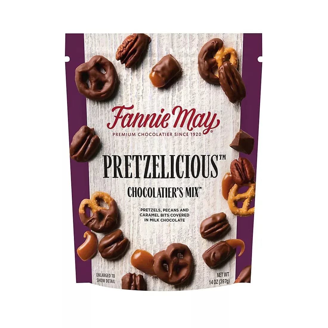 Fannie May Pretzelicious Milk Chocolate Snack Mix with Pecans and Caramel, 14 oz