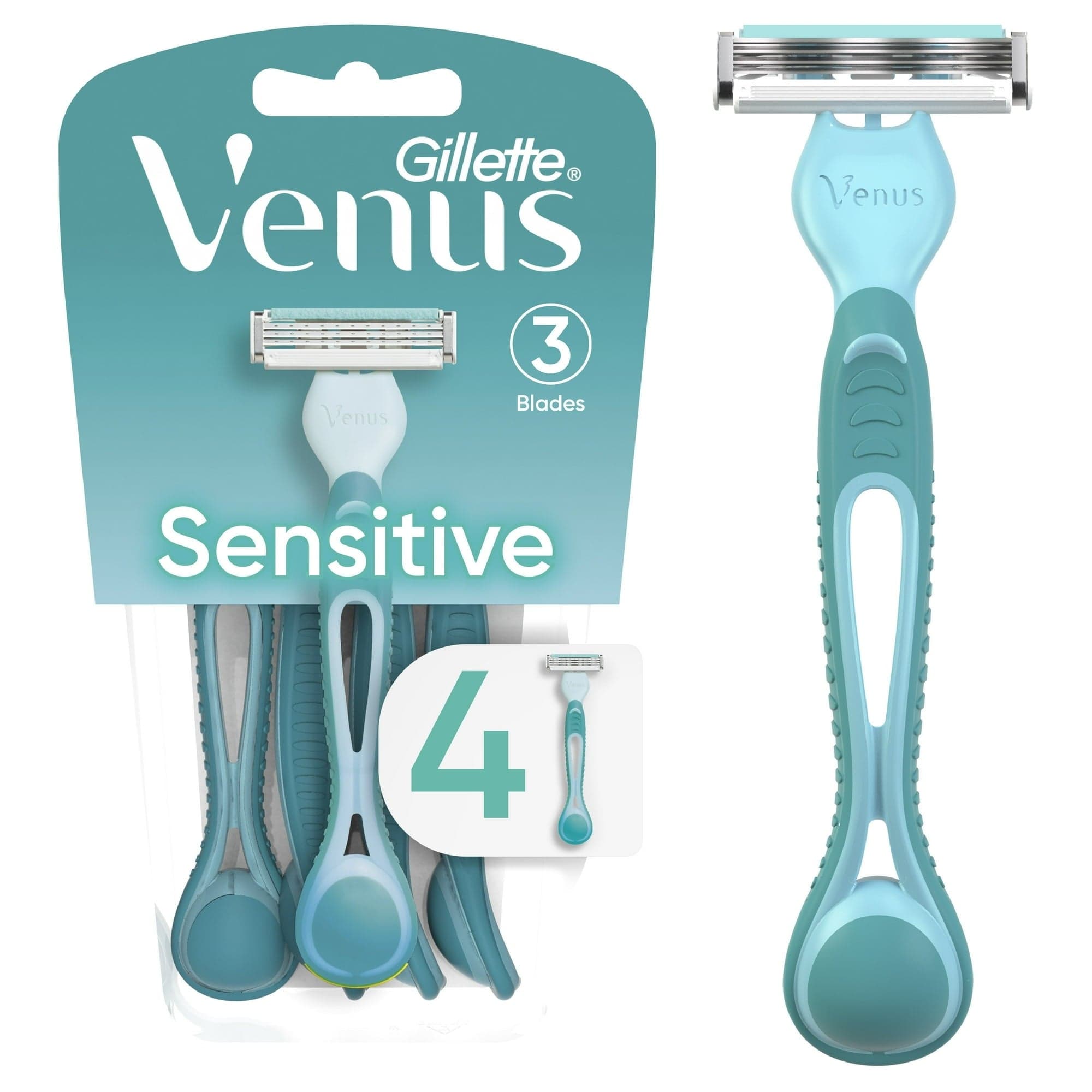 Gillette Venus Simply 3 Sensitive Women's 3 Blade Disposable Razor, 4 Count, Blue