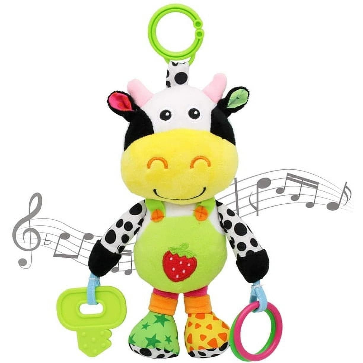 UISHUSO Car Seat Toy with 24 Songs and Teether, Soft Plush Rattle Hanging Stroller Toy, Cow