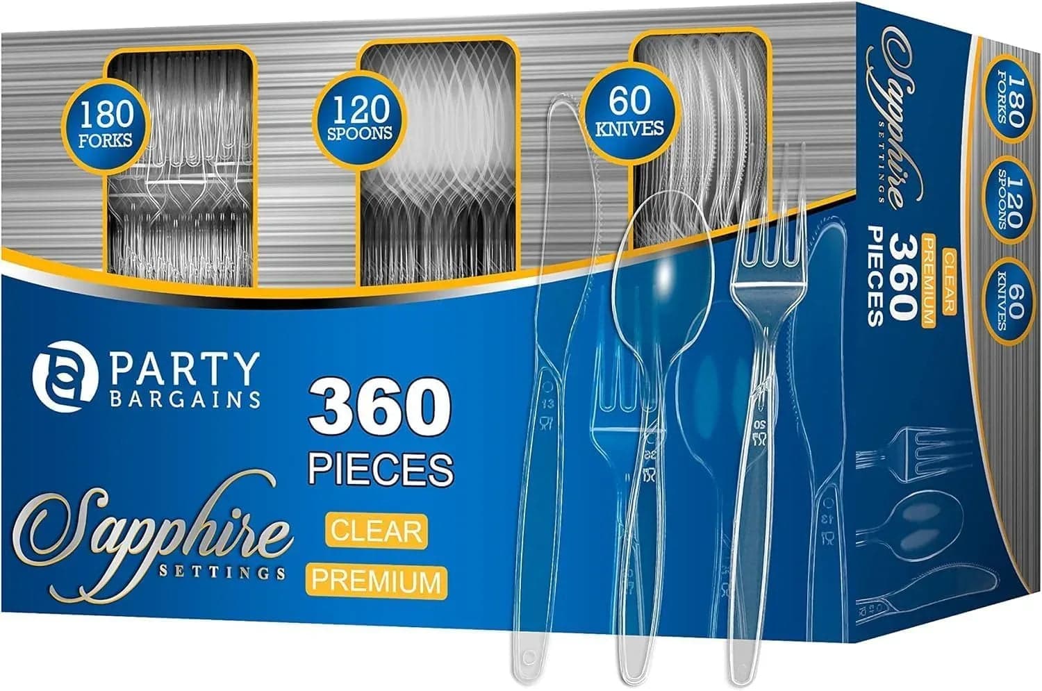 Party Bargains Disposable Cutlery Set, Sapphire Design, Clear, 360 Pieces (180 Forks, 120 Spoons, 60 Knives)