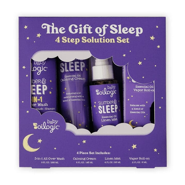 Oilogic The Gift of Sleep Baby Sleep Bundle with Essential Oils: Roll-On 0.2 oz, All-Over Wash 9 oz, Calming Cream 5 oz, Linen Mist 4 oz