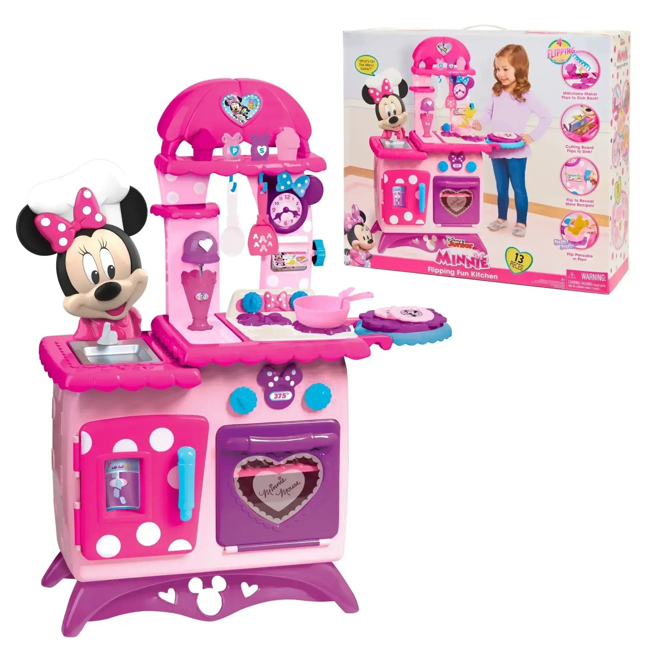 Disney Junior Minnie Mouse Flipping Fun Pretend Play Kitchen Set, Play Food, Realistic Sounds, Kids Toys for Ages 3 and Up