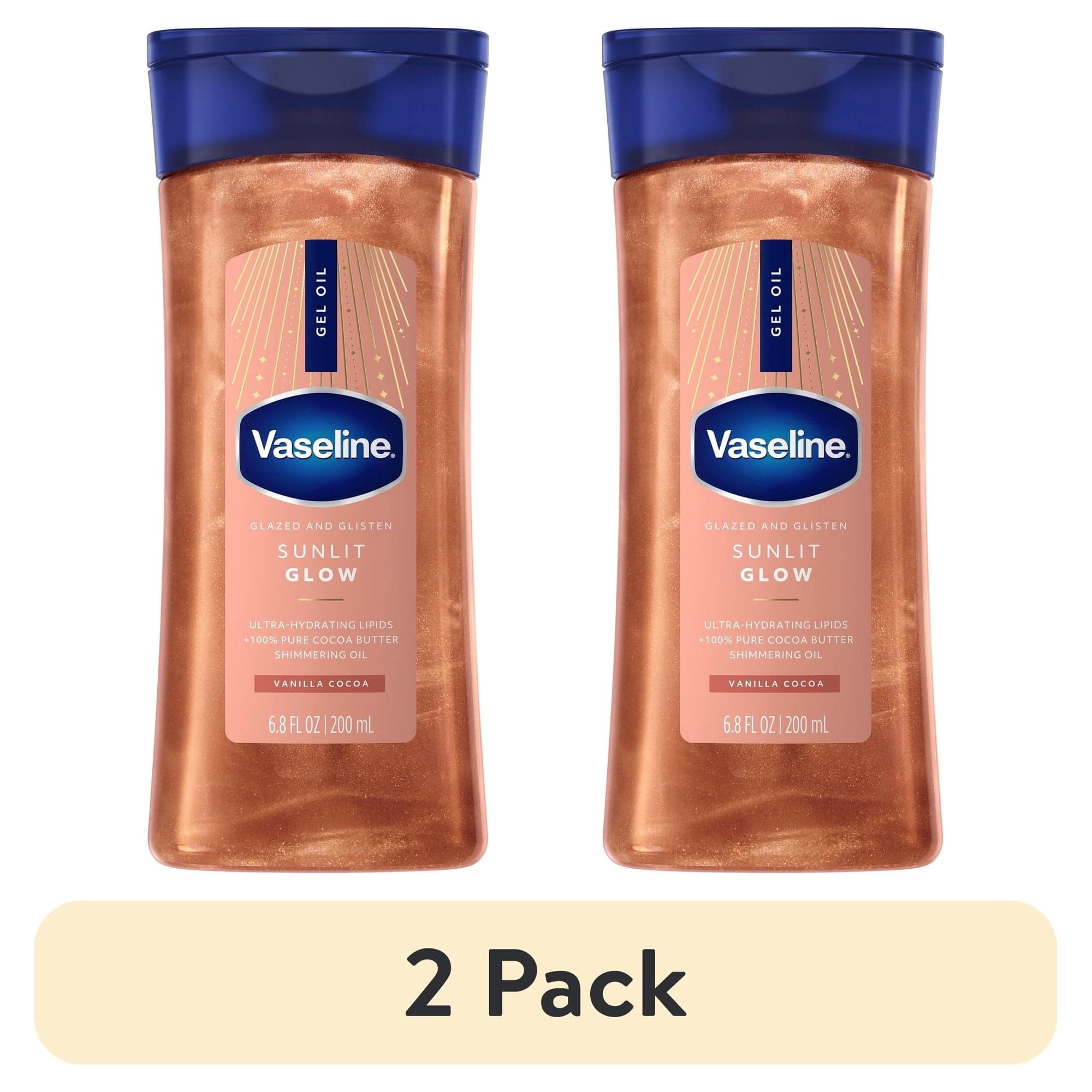 Vaseline Glazed & Glisten Sunlit Glow Vanilla Cocoa Shimmering Body Gel Oil, 6.8 fl oz (2 Pack)