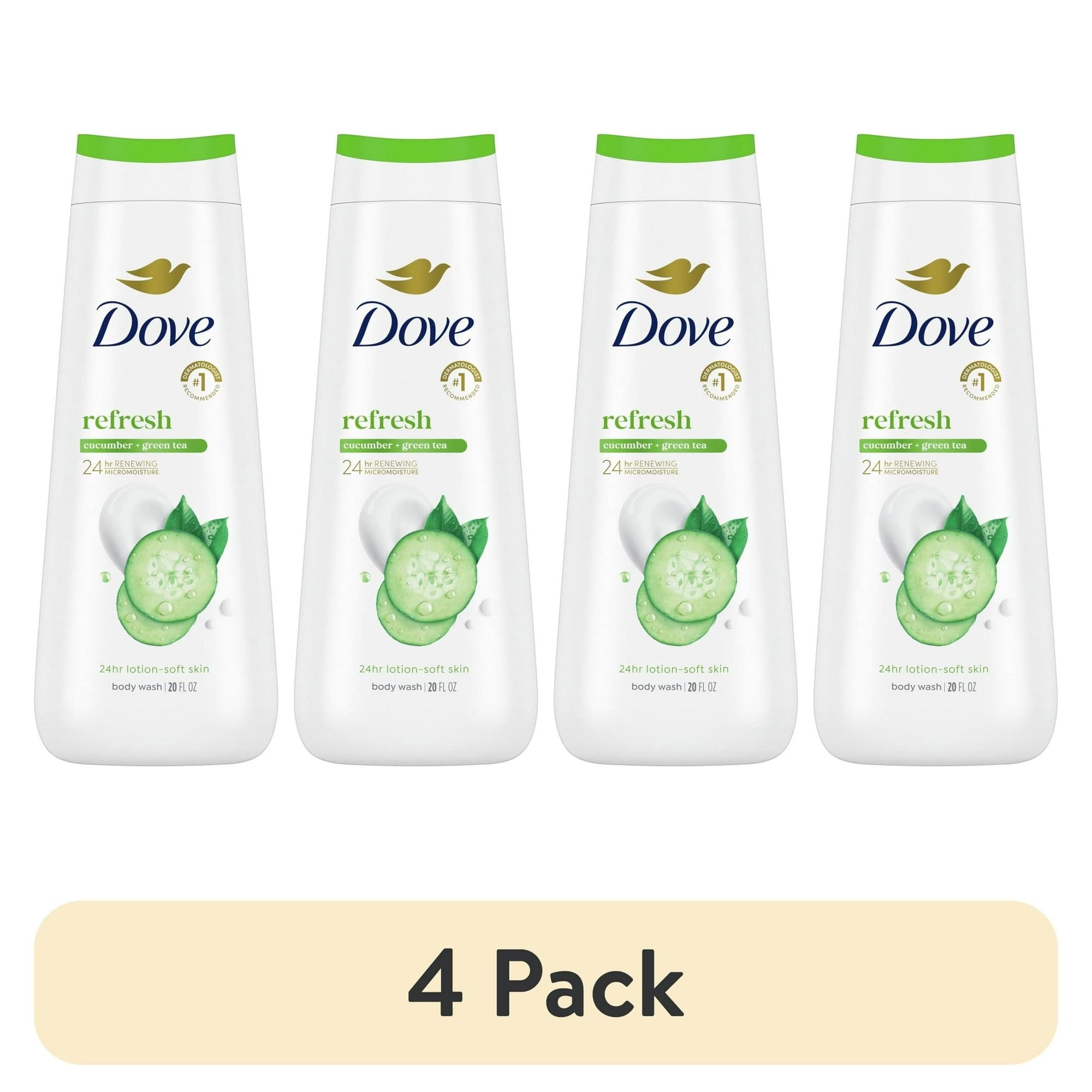 (4 Pack) Dove Body Wash for Women, Moisturizing Refresh Cucumber & Green Tea, All Skin Types, 20 oz Each