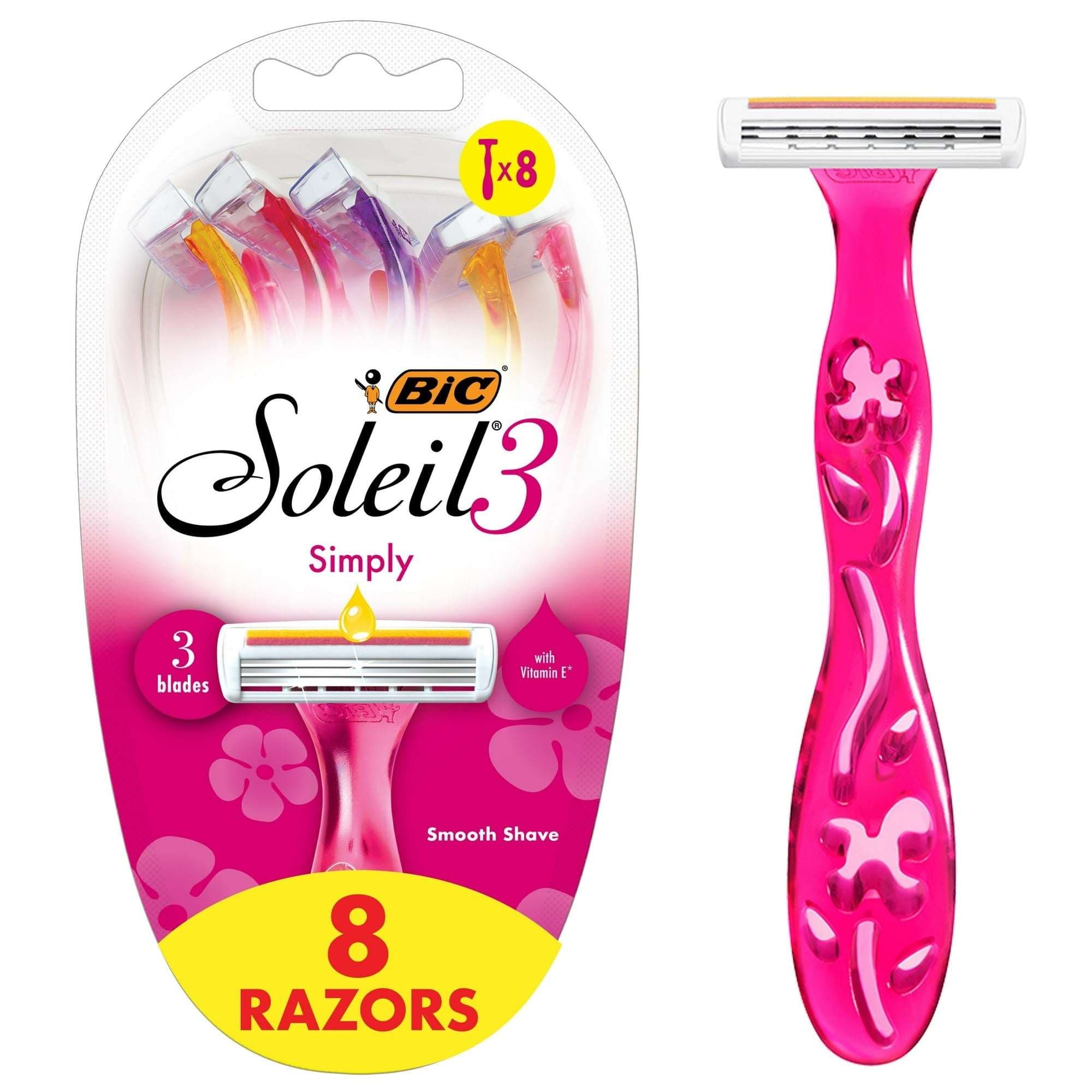 BIC Soleil 3 Simply Women's Disposable Razors, 3 Blades, 8 Piece Razor Set