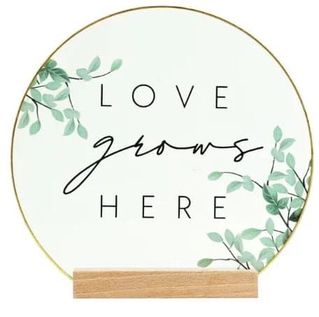 Inspirational "Love Grows Here" Translucent Tabletop Plaque with Solid Wood Base Stand
