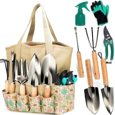 SCUDDLES Heavy Duty Garden Tool Bag with Outdoor Hand Tools - Stainless Steel Garden Tool Kit, Gloves, and Storage Tote (8-Piece Set)