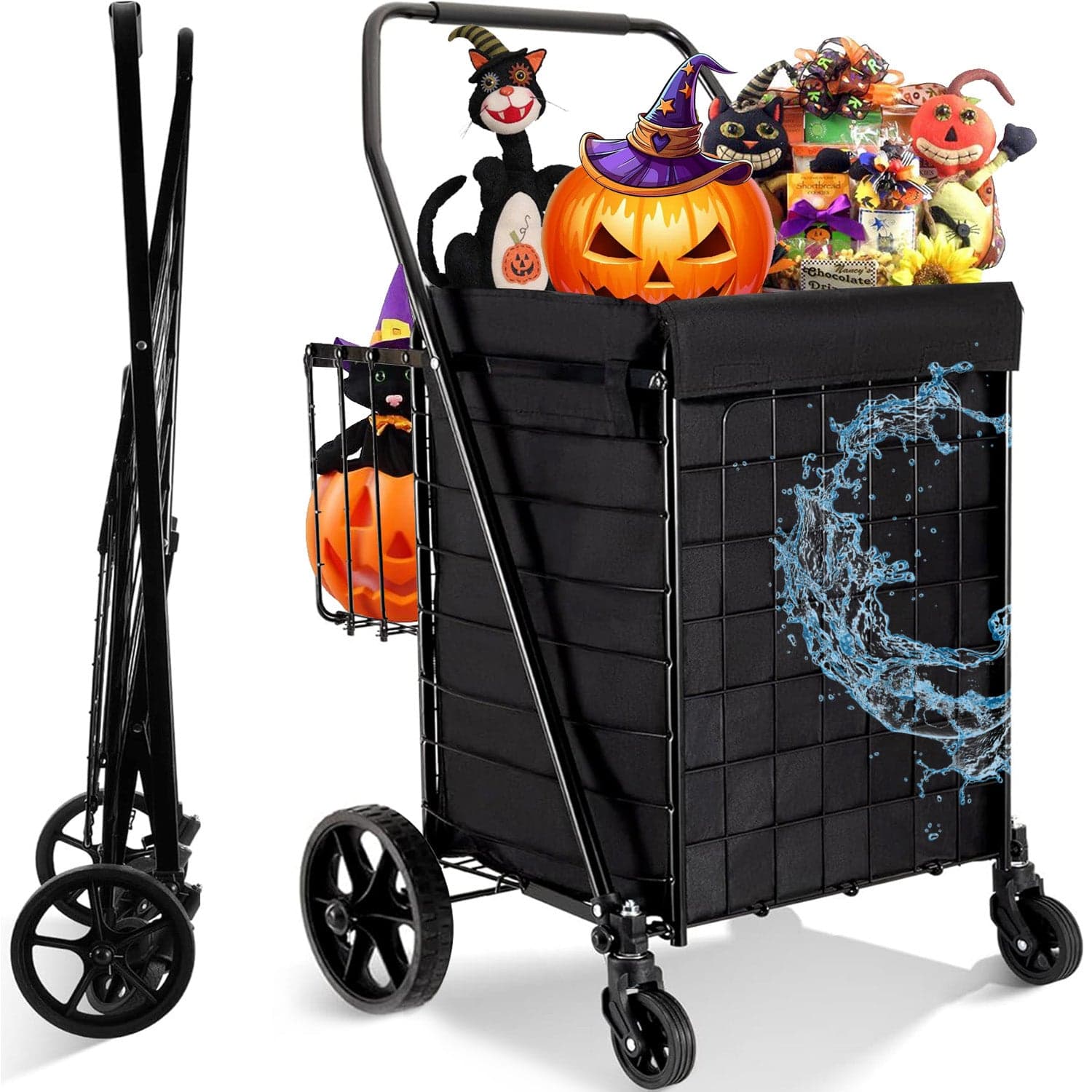 Folding Shopping Cart, Utility Trolley with Removable Basket and Swivel Wheels, Black