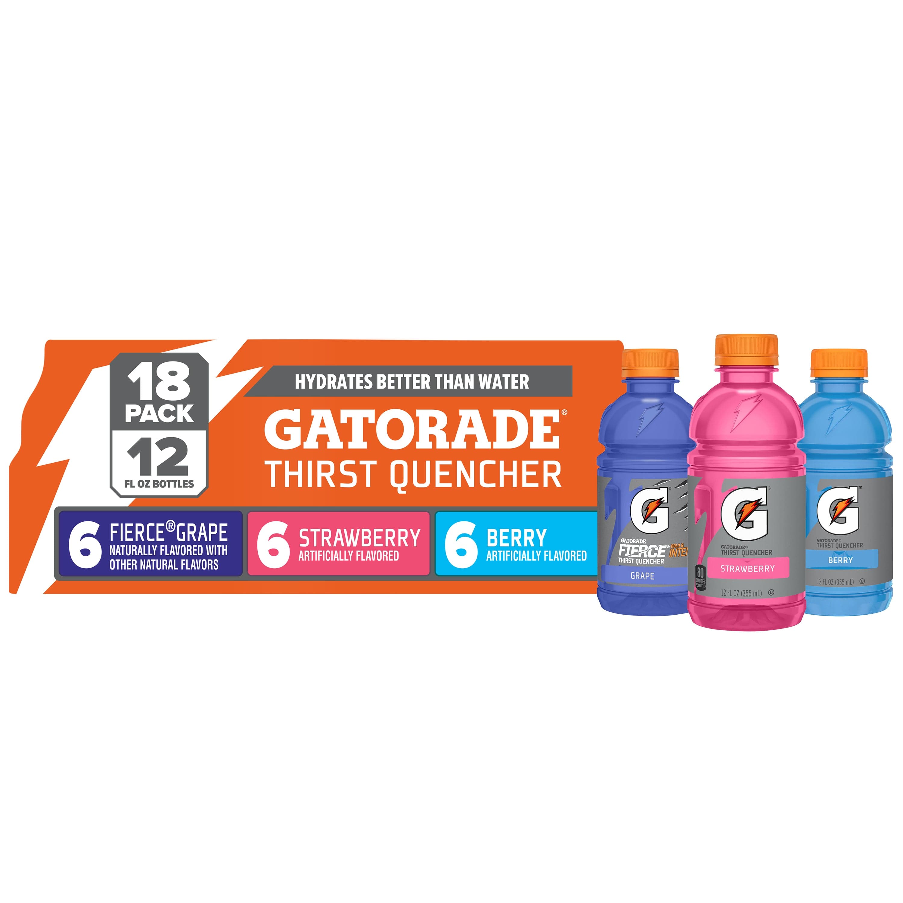 Gatorade Sports Drinks, Grape, Strawberry and Berry Variety Pack, 12 fl oz, 18 Count Bottles