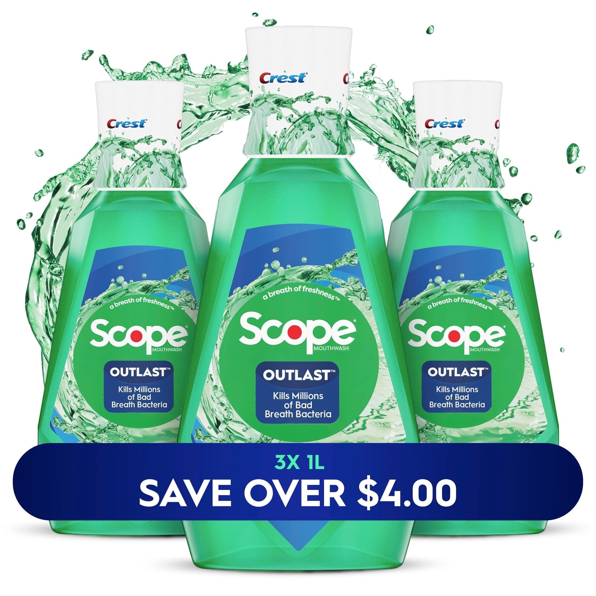 Crest Scope Outlast Mouthwash, Fresh Mint, 33.8 fl. oz., 3 pk.