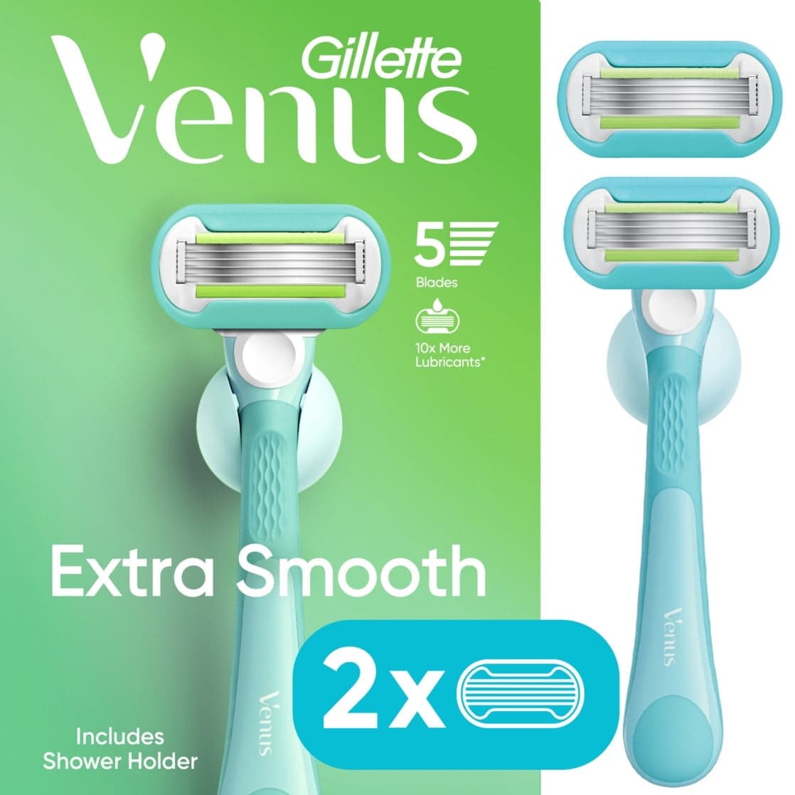 Gillette Venus Extra Smooth Women's Manual Razor, 5 Blades, 1 Handle + 2 Refills, Green