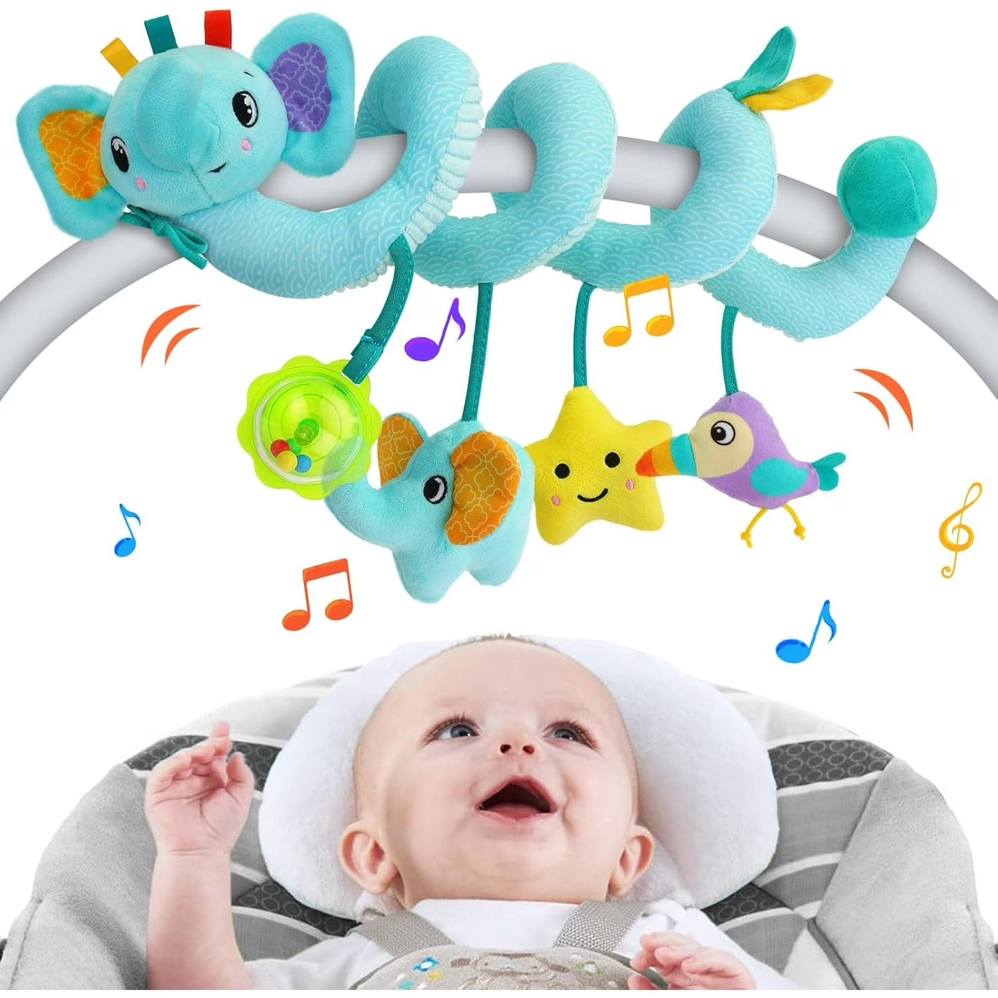 BUTOMKY Spiral Car Seat and Stroller Activity Toy for Babies 0-6 Months, Hanging Infant Toy with Rattles and Teether
