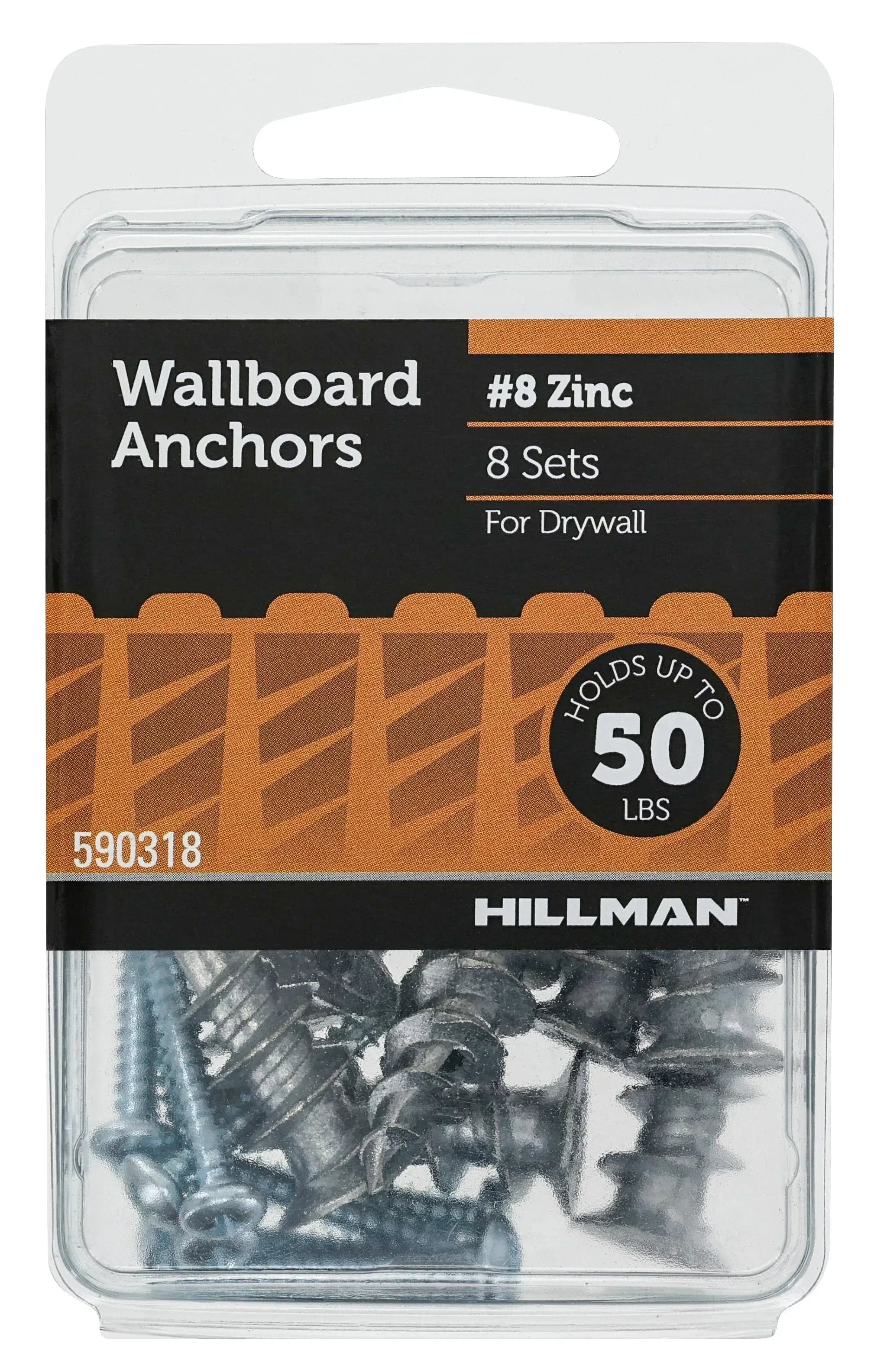 Hillman Drywall Wallboard Anchor Screws, #8, Zinc, 50 lb., Silver, 8 pack