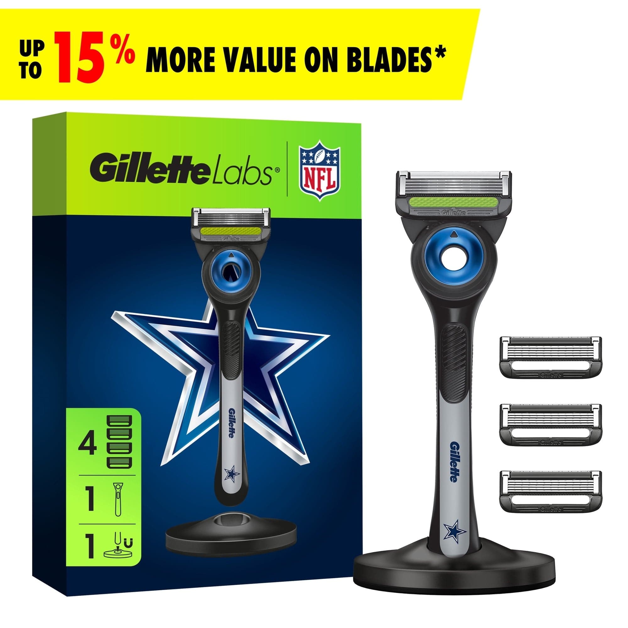Gillette Labs Official Cowboys Licensed Razor for Men, 1 Handle, 4 Blade Refills, with Magnetic Stand