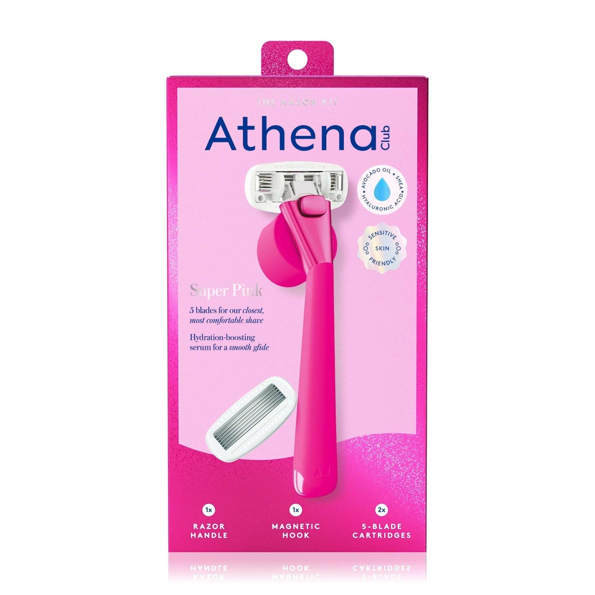 Athena Club 5-Blade Women's Razor Kit, 1 Handle, 2 Blade Refills, Magnetic Hook, Super Pink