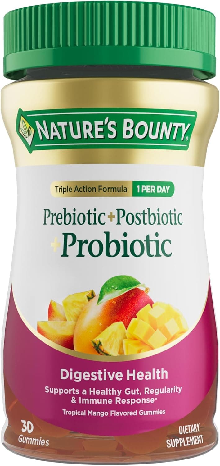 Nature's Bounty Pre + Pro + Postbiotic Gummies for Digestive Health and Immune Support, Tropical Mango Flavor, 30 Ct
