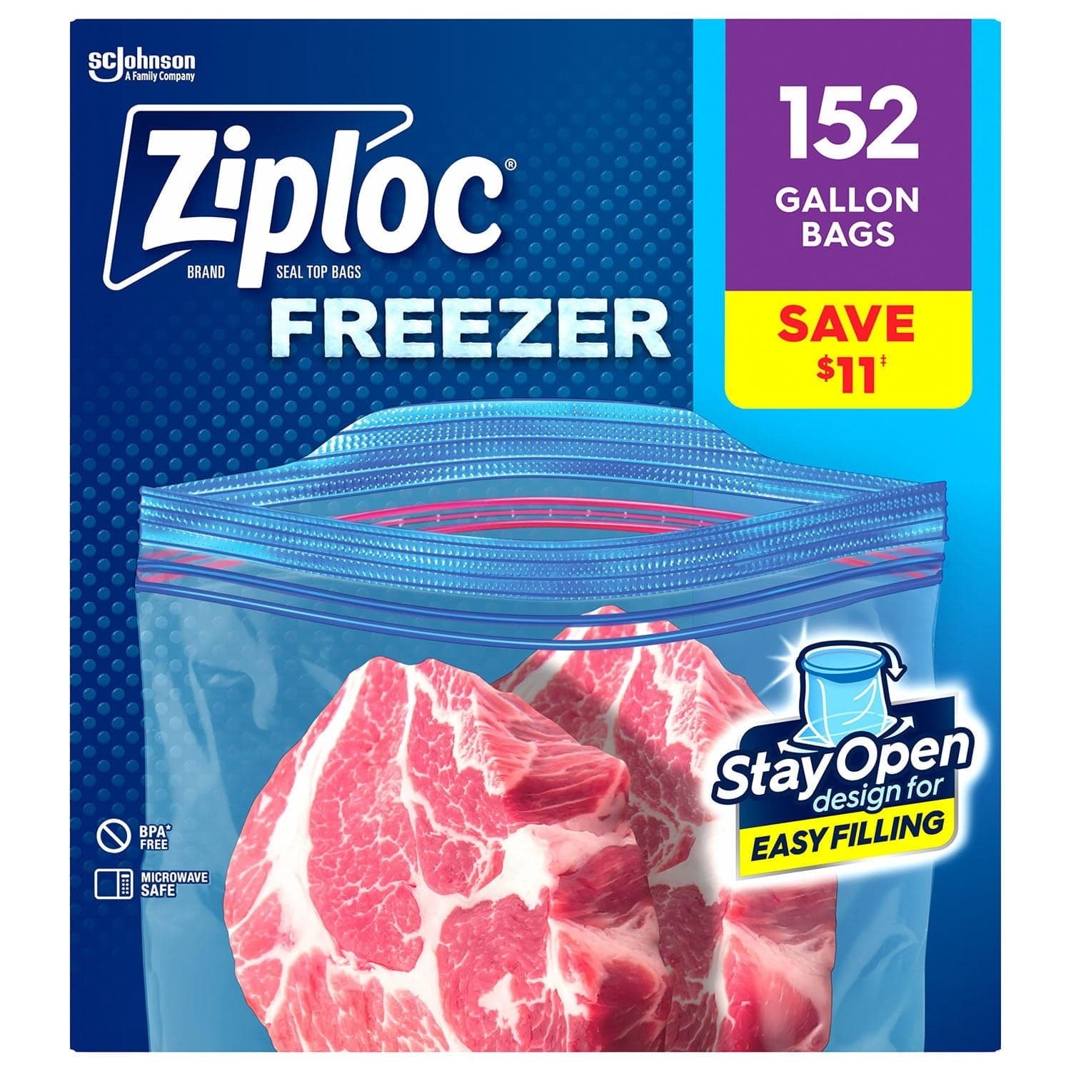 Ziploc Brand Gallon Freezer Storage Bags, Stay Open Design, Easy to Fill, 152 ct.