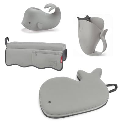 Skip Hop Moby Baby Bath Set with Four Bathtime Essentials - Gray - 4pk: Bath Arm Rests, Faucet Covers, Rinse Cups