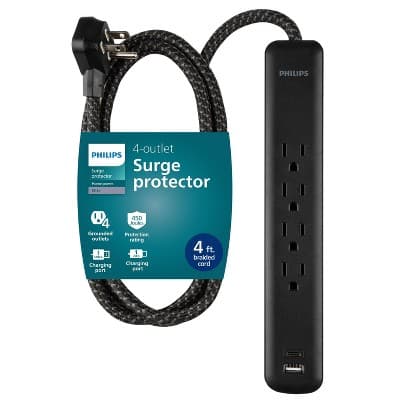 Philips Surge Protector Power Strip with USB Ports, 4ft Braided Extension Cord, 450 Joules, 4 Outlet Extender, 1 USB-A, 1 USB-C, Flat Plug, Black