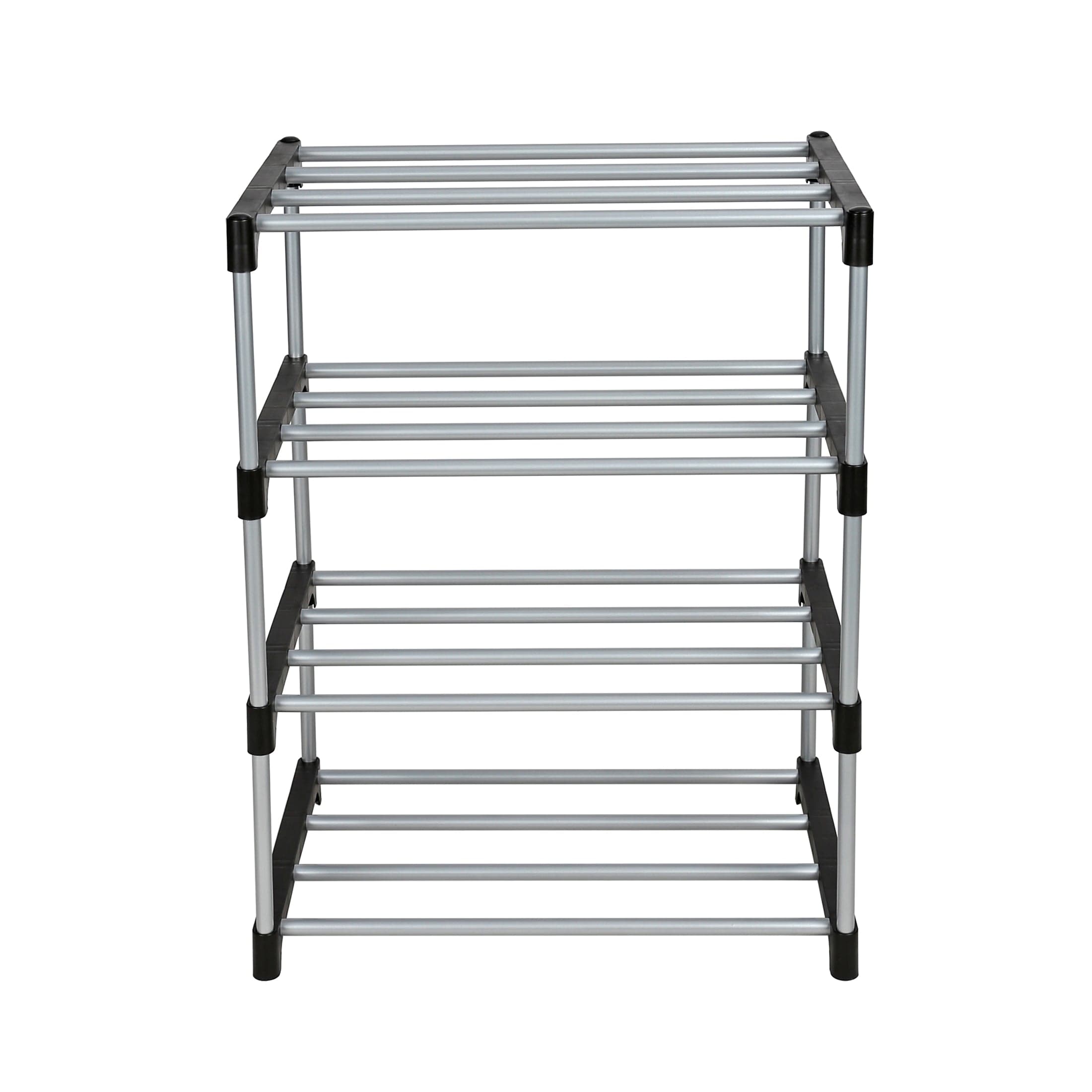 Mainstays 4 Tier Shoe Rack, Black and Silver, 8 Pairs of Shoes, Metal Tubes and Plastic Connectors