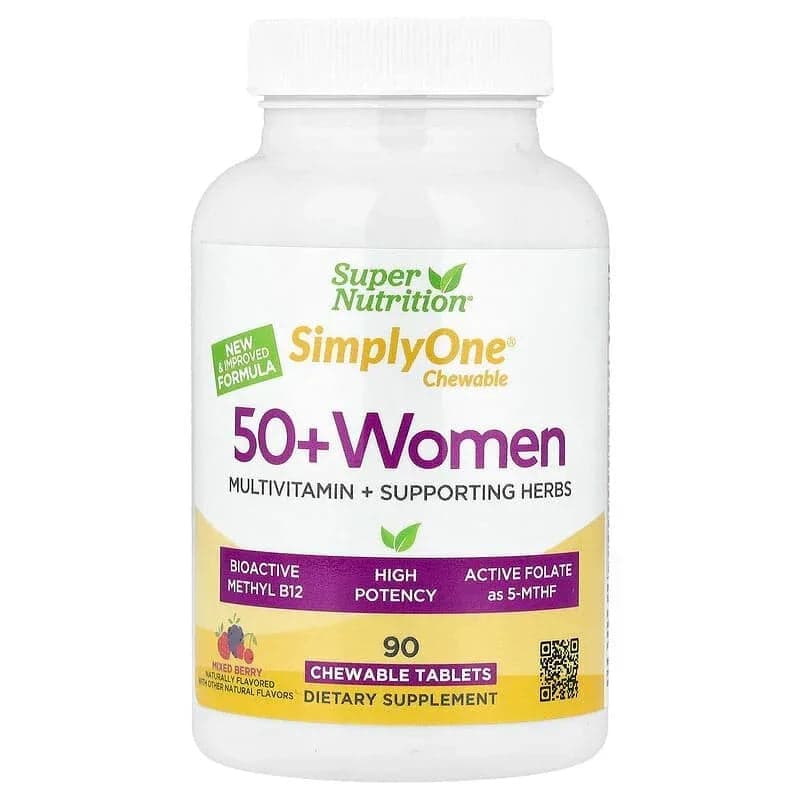 Super Nutrition Simply One 50+ Women Multivitamin + Supporting Herbs, Mixed Berry, 90 Chewable Tablets
