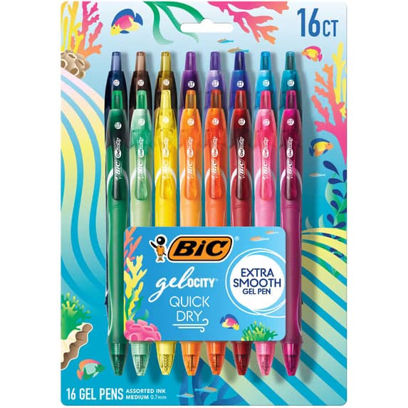 BIC Gelocity Quick Dry Gel Pens, Medium Point, 0.7 mm, Assorted Colors, 16-Count