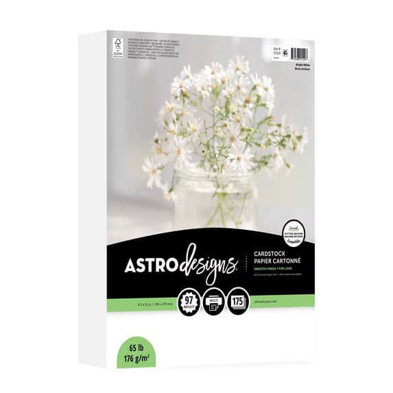 Astrodesigns White Cardstock, 8.5" x 11", 65 lb (176 Gsm), 97 Brightness, 175 Sheets