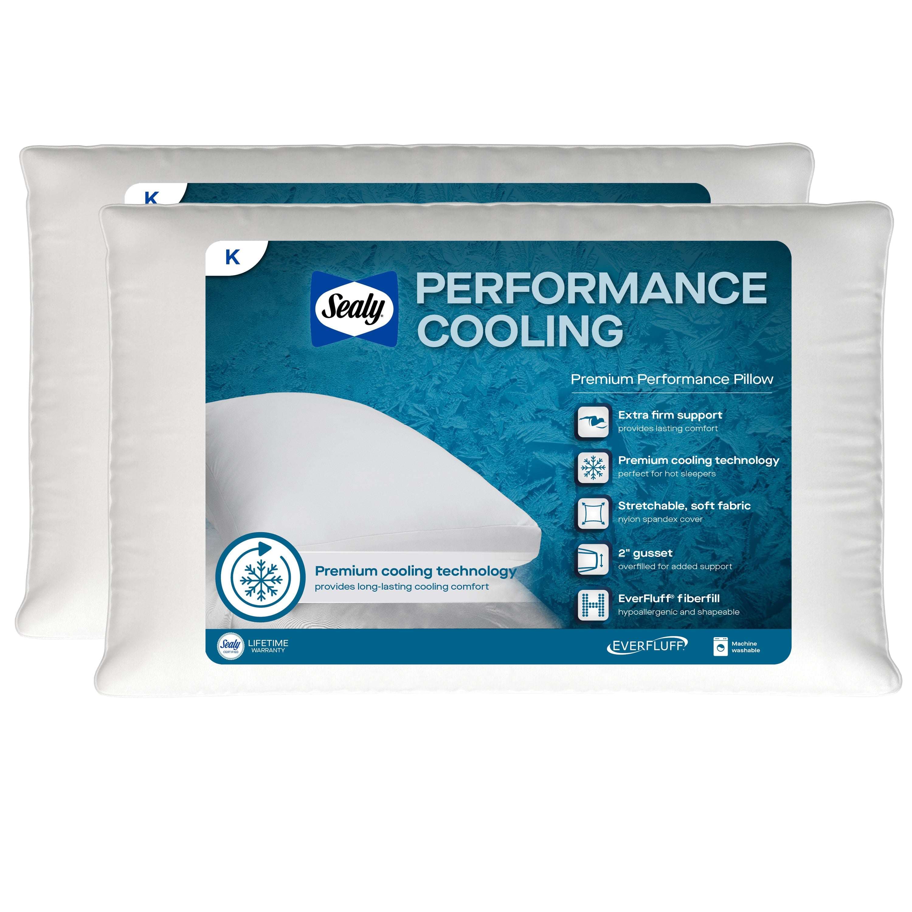 Sealy Performance Cooling Bed Pillow, King, White, Extra Firm Support, 2 Count