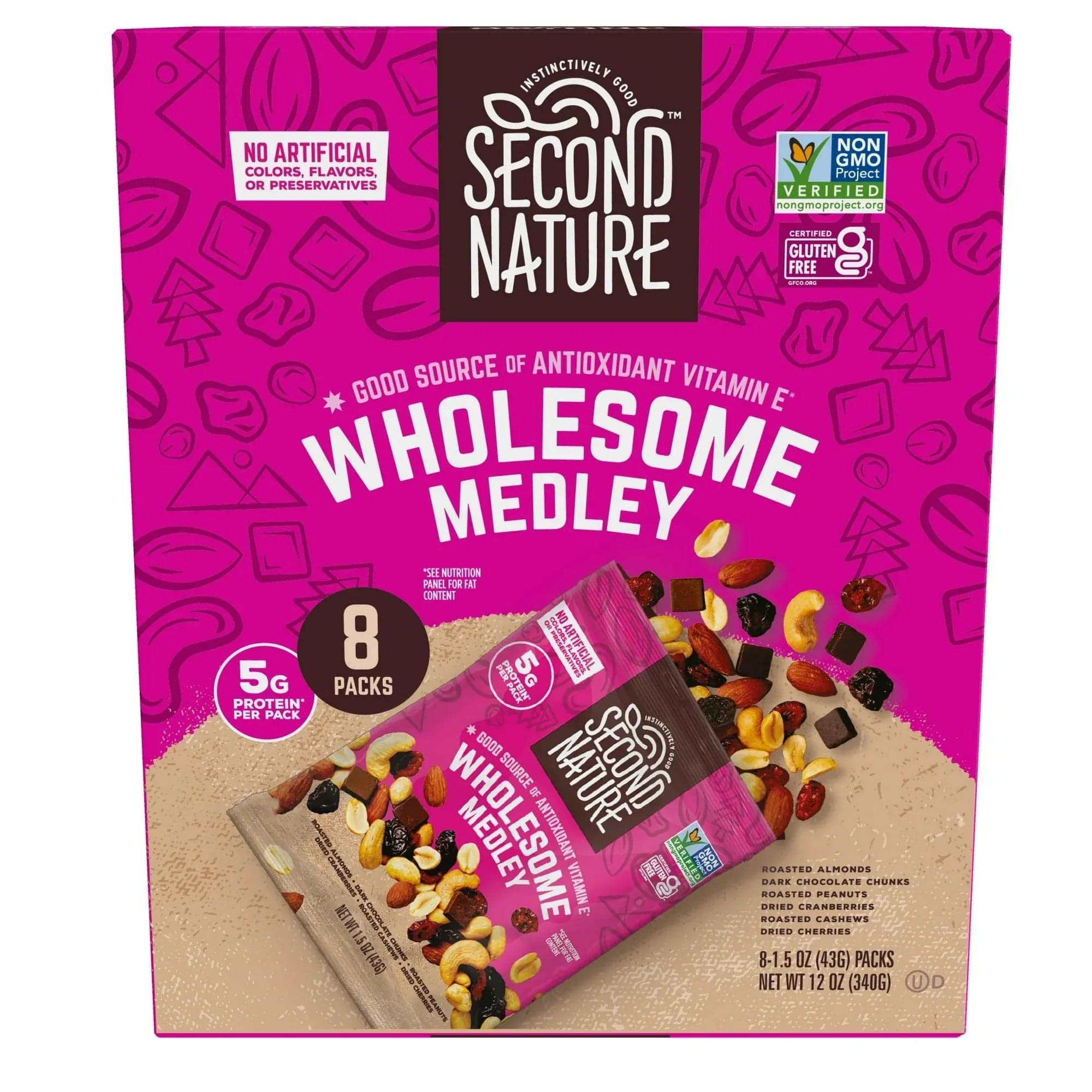 Second Nature Wholesome Medley Trail Mix, 12 oz, 8 Count, Gluten-Free Single-Serve Snack Bags