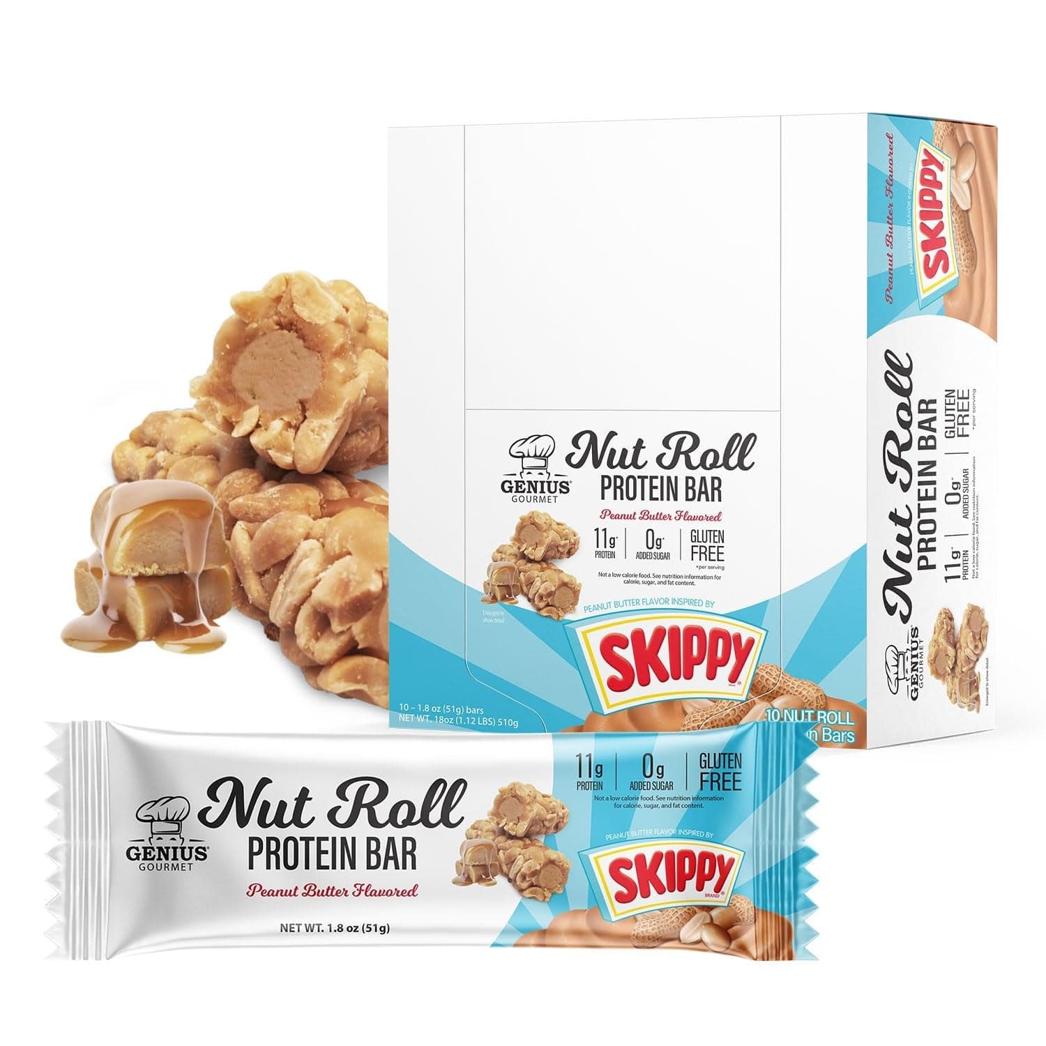 Genius Gourmet SKIPPY Peanut Butter Flavor Inspired Protein Nut Roll Bars, 10 Count (11g Protein, 0g Added Sugar, Gluten Free)