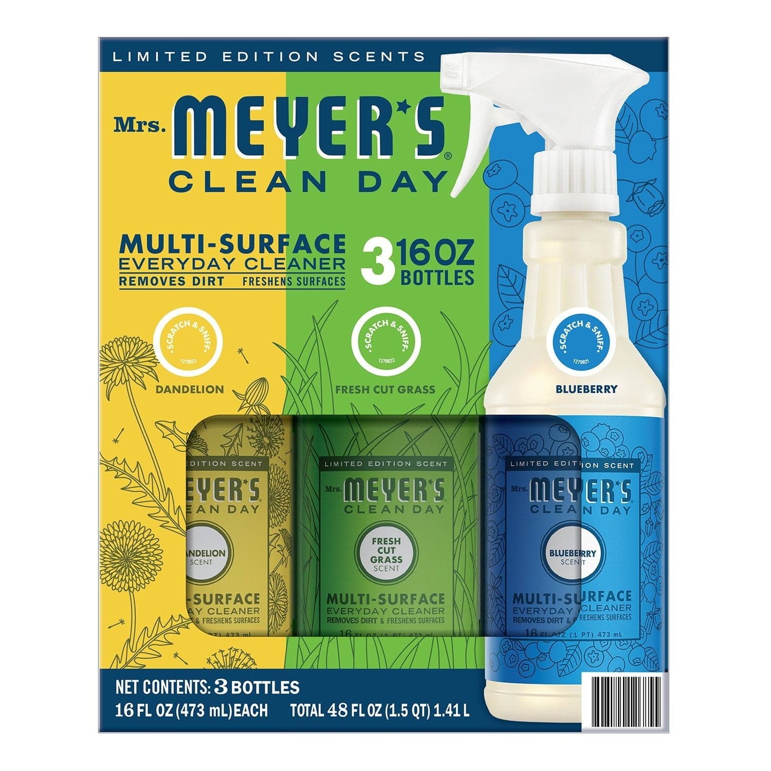 Mrs. Meyer's Multi-Surface Cleaner, Limited Edition Summer Scents (Dandelion, Fresh Cut Grass, Blueberry), 16 fl oz, 3 pk