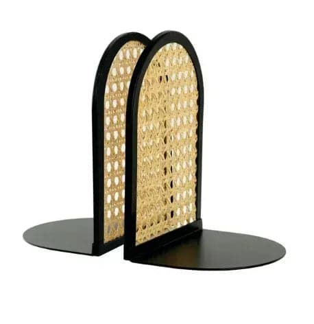 Better Homes & Gardens Arched Black Metal and Natural Rattan Indoor Tabletop Bookends, Set of 2, 8" Tall x 5.5" Wide