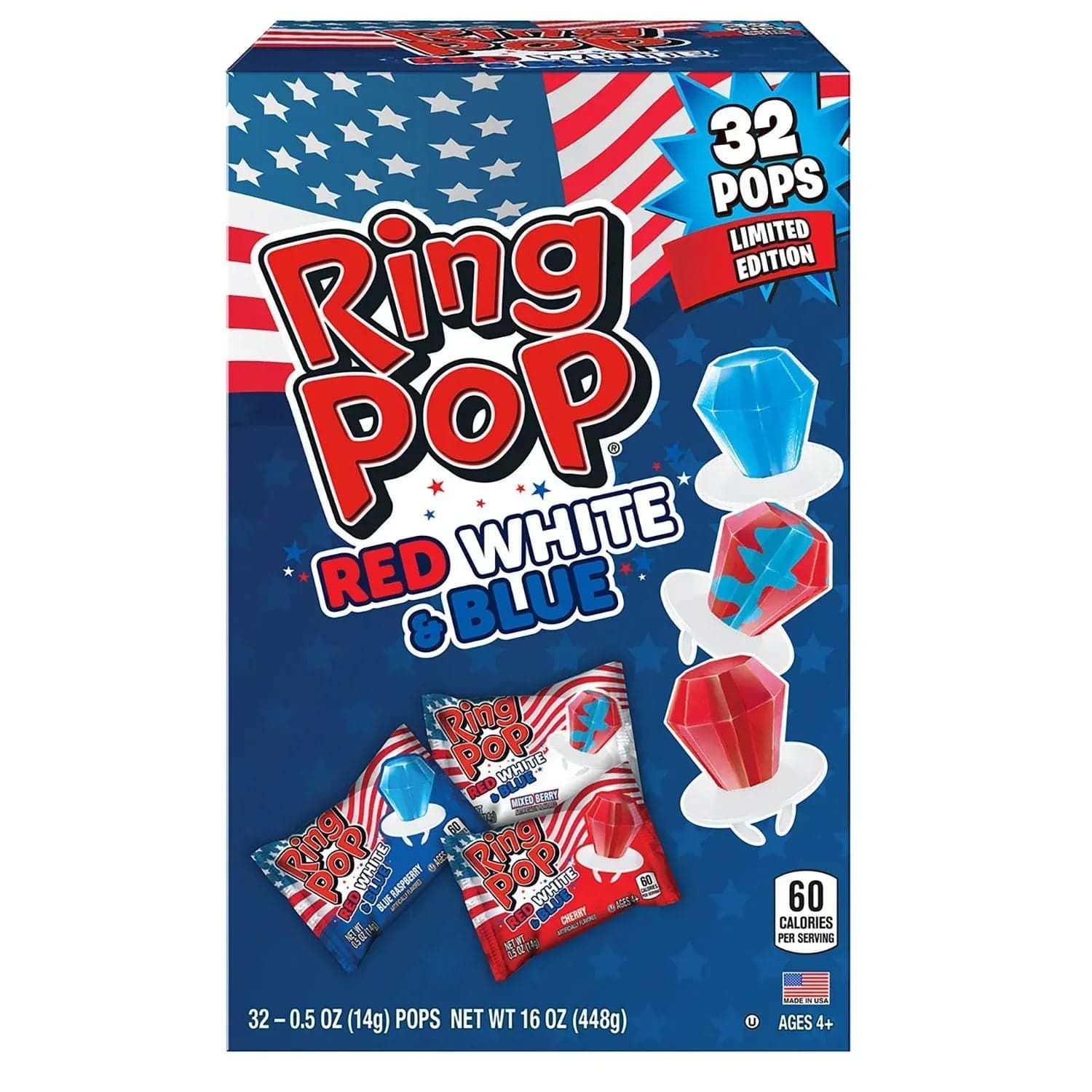 Ring Pop Red, White, and Blue Variety Pack, 32 ct.