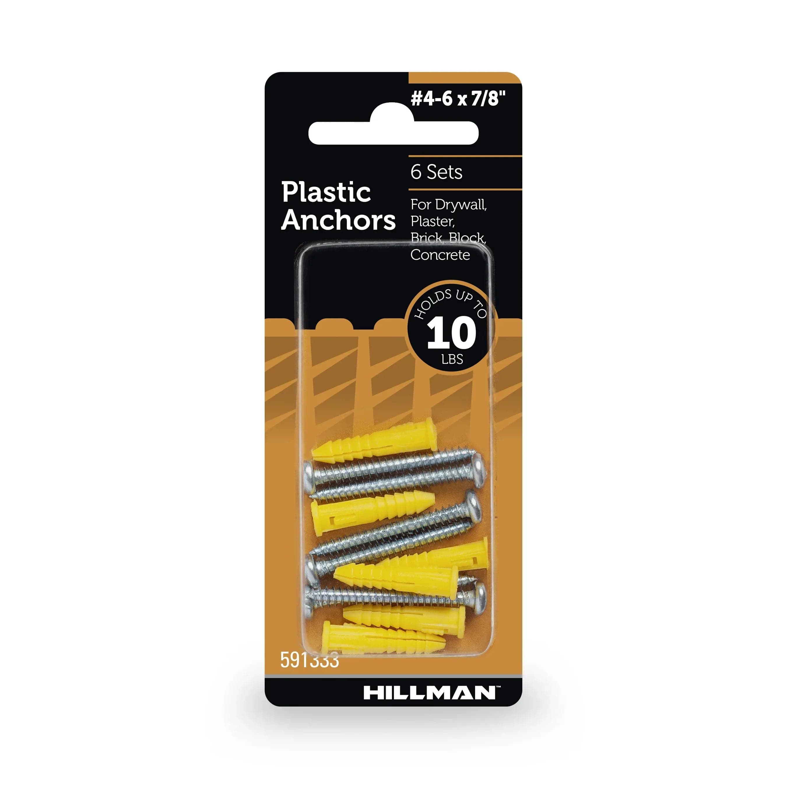 Hillman Multi-Material Ribbed Anchor Screws, #4-6 x 7/8", Plastic and Steel, 10 lbs, Yellow, 6 sets
