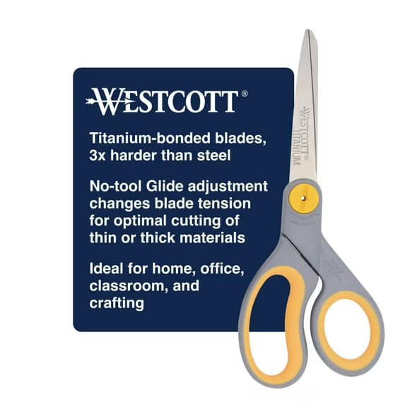 Westcott 8-Inch Titanium Bonded Adjustable Glide Scissors, Grey & Yellow