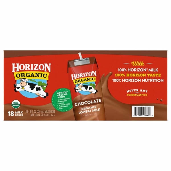 Horizon Organic Chocolate Lowfat Milk, 8 fl oz, 18-Count