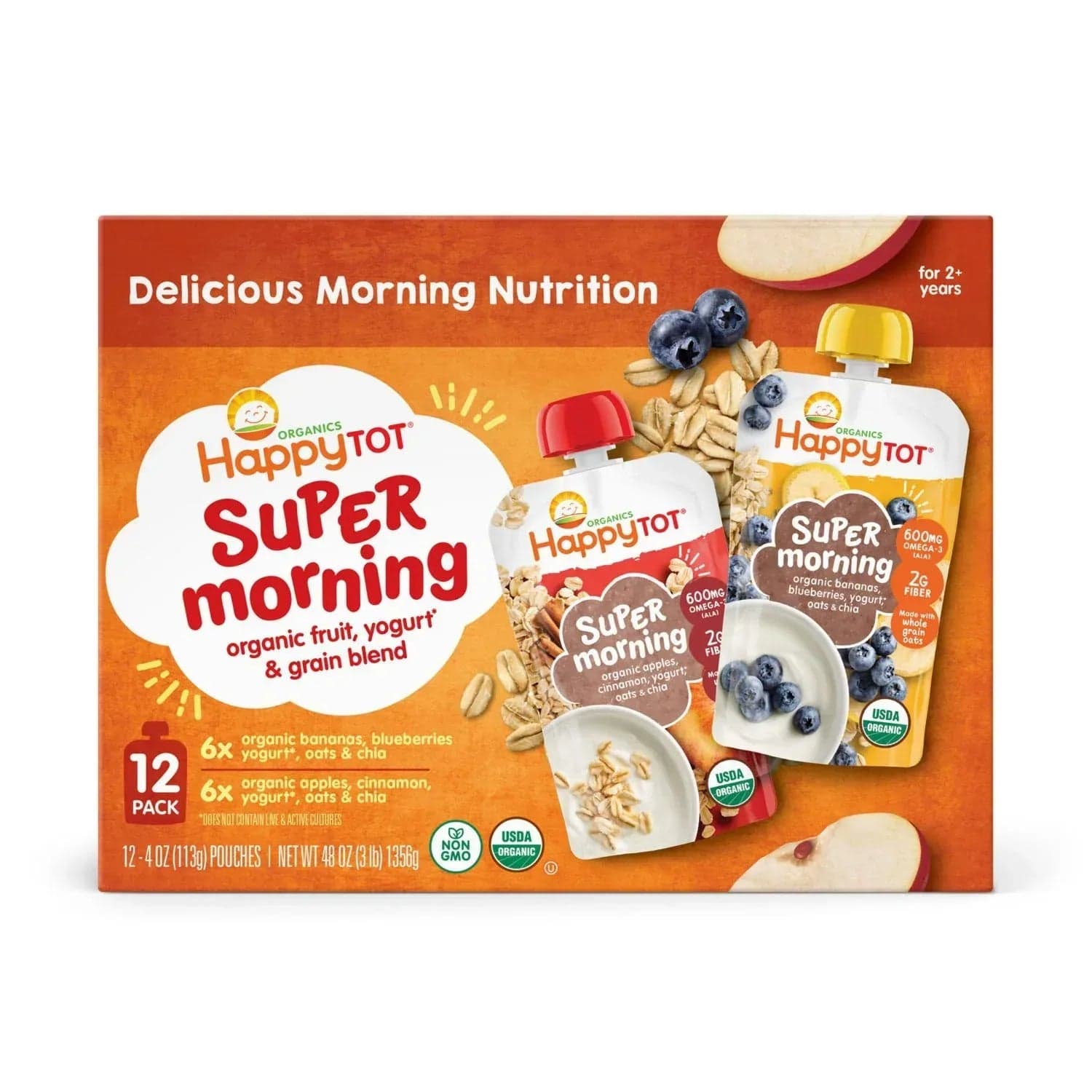 HappyTOT Organics Super Morning Pouch, Apple Cinnamon and Blueberry Banana Variety Pack, 12 ct., 4 oz.