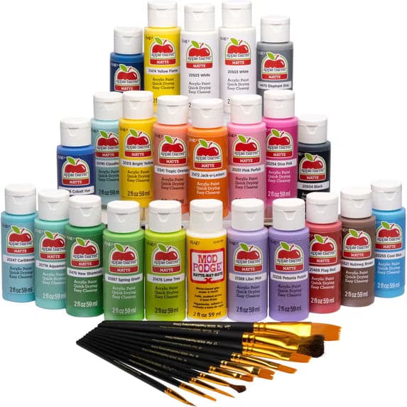 Apple Barrel Art Lessons Kit, 34 Piece Set (22 Acrylic Paints, 10 Brushes, 1 Mod Podge Sealer)