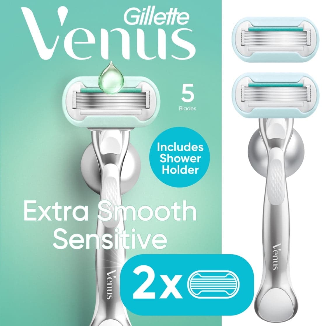 Venus Deluxe Smooth Sensitive Razor for Women, 5 blades, Manual Razor, Handle + 2 Razor Blade Refills, Silver