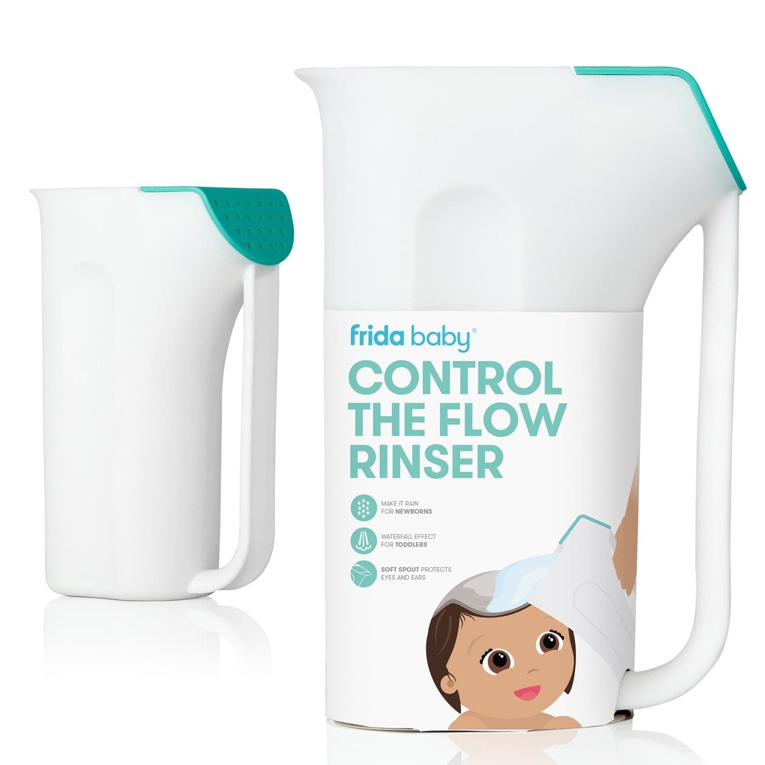 Frida Baby Control the Flow Rinser, Bath Rinse Cup with Easy Grip Handle and Removable Rain Shower, White