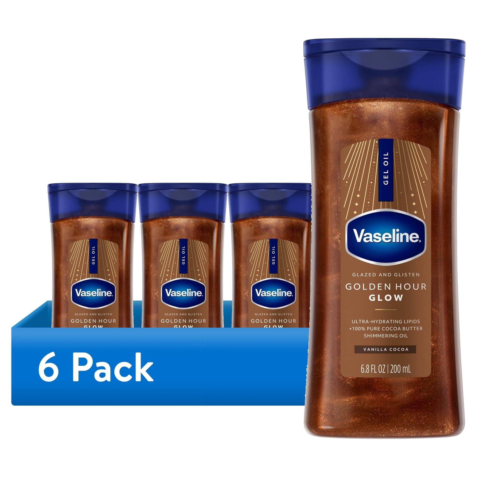 (6 Pack) Vaseline Glazed & Glisten Golden Hour Glow Shimmering Body Gel Oil, Vanilla Cocoa, 6.8 fl oz