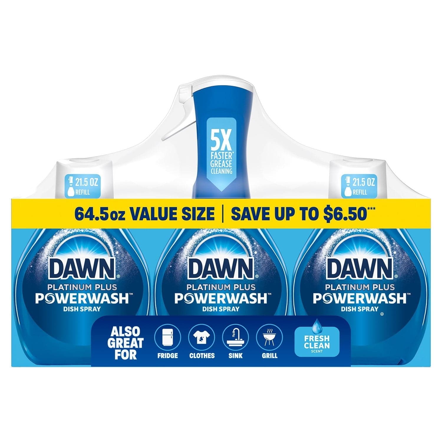 Dawn Platinum Powerwash Dish Spray Bottle Set, Fresh Scent, 1 Spray Bottle + 2 Refills, 64.5 fl oz